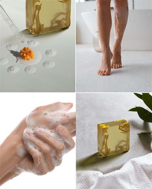 alt="Bath product photo collage: floral soap, hand washing, spa scene"