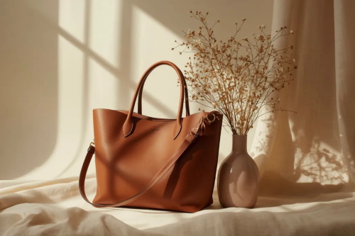 alt="Stylish leather tote bag in a sunlit, neutral setting"