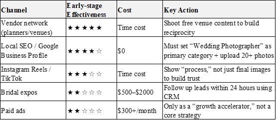 alt="Table comparing 5 marketing channels for wedding photographers"