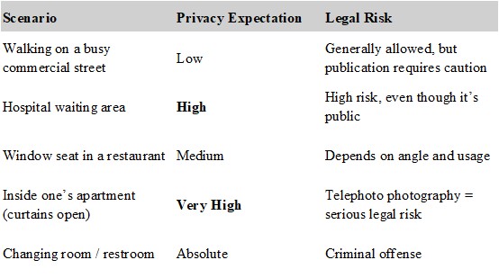 alt="Table of photography privacy expectations and legal risks"