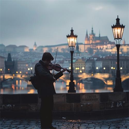 alt="A street musician under a single warm streetlight in Prague"
