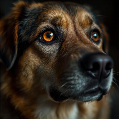 alt="Close-up of a dog's face with intense amber eyes"